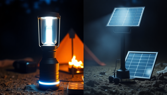 Comparaison entre lampe camping batterie vs solaire dans un cadre de camping nocturne