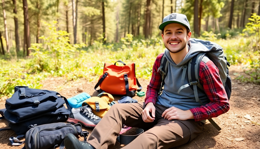 Homme souriant assis en forêt avec équipement de randonnée pour débutants disposé autour de lui