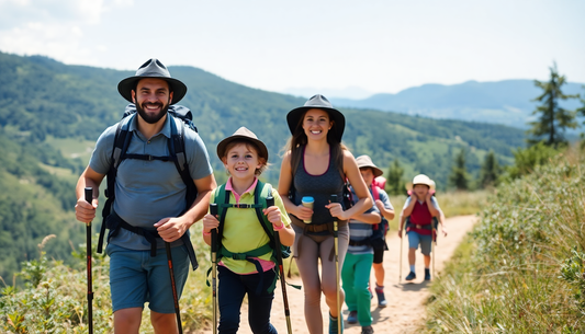 Famille souriante en randonnée avec des équipements de randonnée familles sur un sentier en montagne