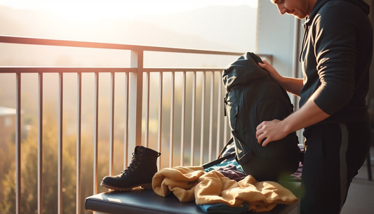 Personne préparant un sac à dos et chaussures pour entretenir équipement de randonnée sur un balcon