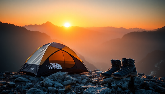 Tente de camping The North Face et chaussures de randonnée au lever du soleil en montagne marques équipement randonnée