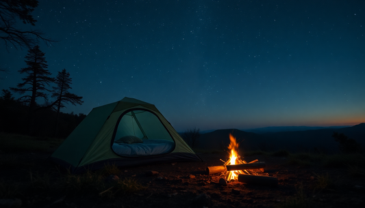 Camping en bivouac sous un ciel étoilé, avec une tente verte et un feu de camp chaleureux what is bivouac camping