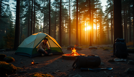 Bivouac en forêt au coucher du soleil avec une tente, feu de camp et équipement, astuces bivouac securisees