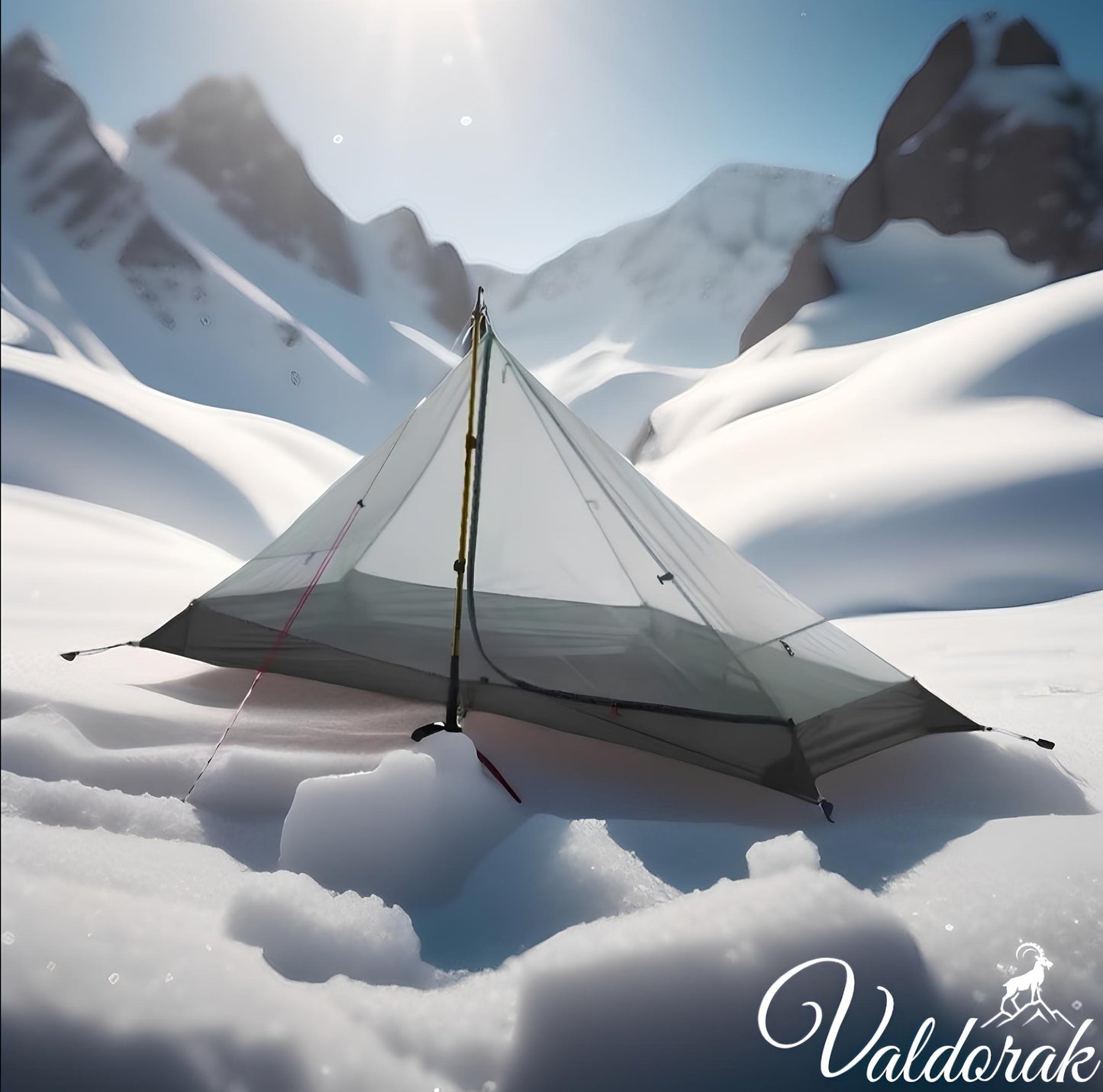 Tente aventure Valdorak légère et transparente installée dans un paysage de montagne enneigé