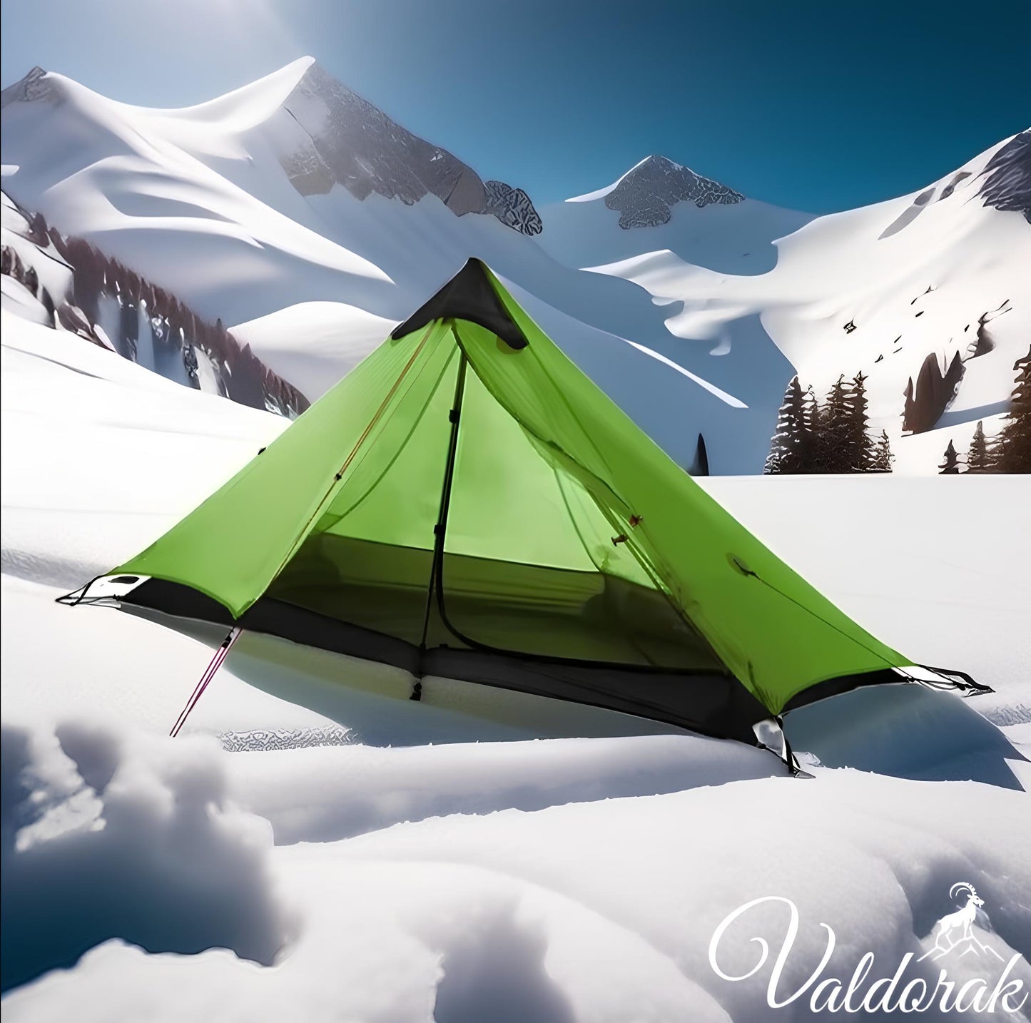 Tente aventure Valdorak verte installée sur la neige avec montagnes enneigées en arrière-plan