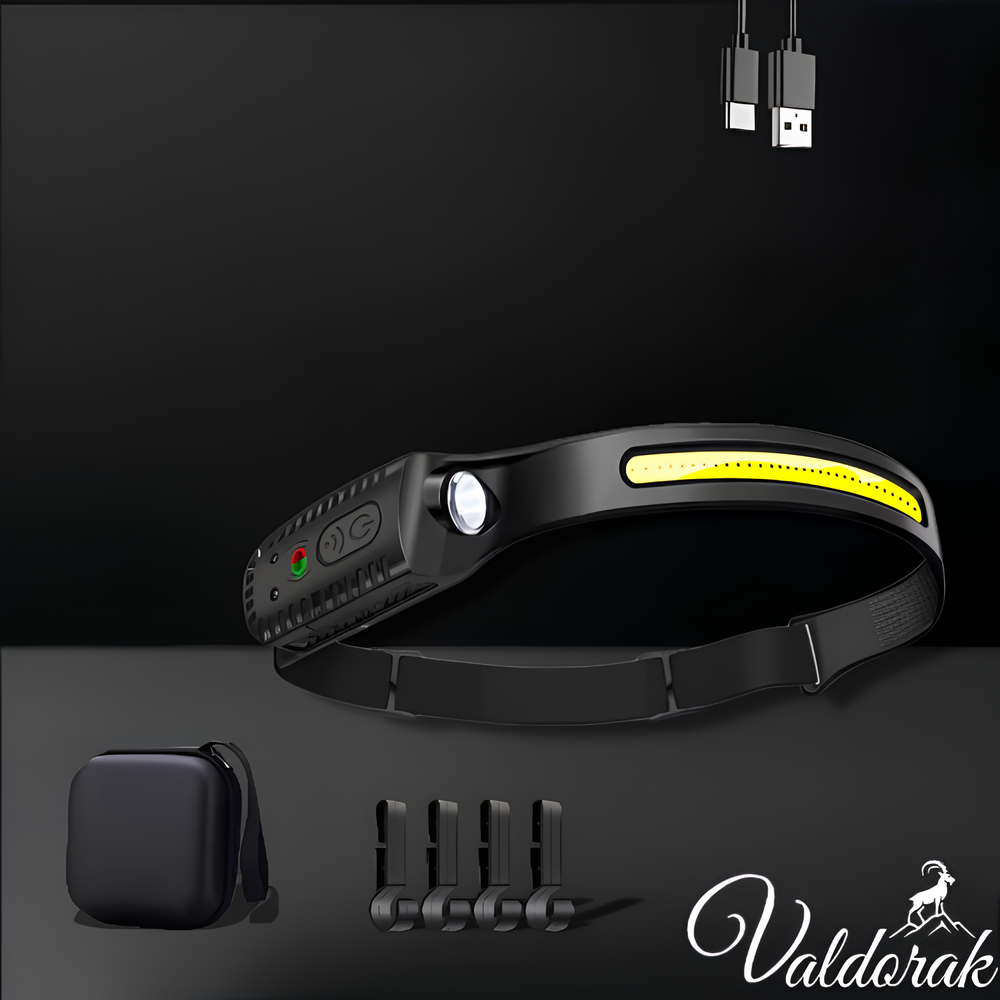 Lampe frontale randonnée Valdorak avec chargeur USB et accessoires inclus pour les aventuriers nocturnes