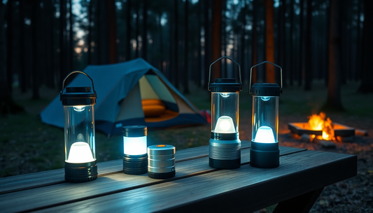 Collection des meilleures lanternes camping 2025 éclairant une table en bois près d'une tente dans la forêt