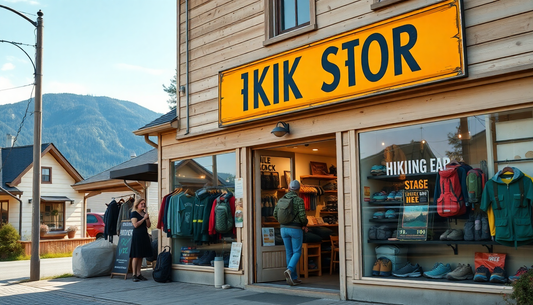 Magasin d'équipement de randonnée avec sacs à dos et vêtements en vitrine dans les magasins équipement randonnée