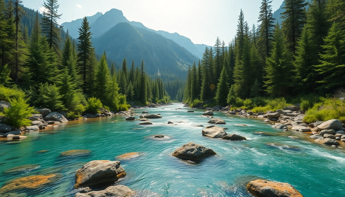 Rivière claire entourée de pins verts dans la nature idéale pour purifier eau nature
