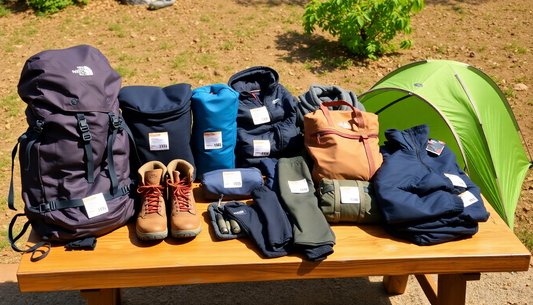 Équipement de randonnée complet sur une table avec étiquette de prix moyen equipement randonnee visible