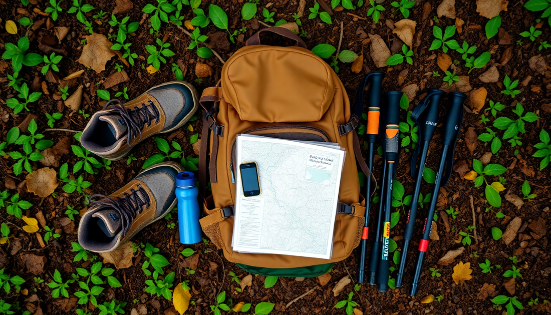 Équipement de randonnée indispensables avec sac à dos, chaussures, carte, bâtons de marche et gourde posé sur le sol forestier