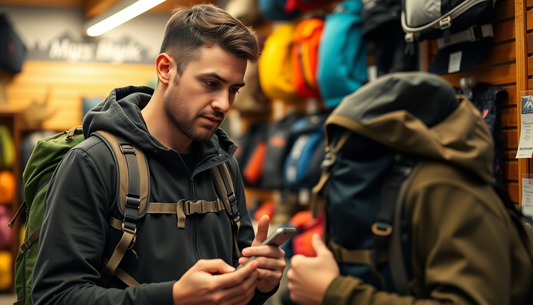 Jeunes hommes en magasin de plein air explorant comment choisir équipement randonnée avec sacs à dos et matériel