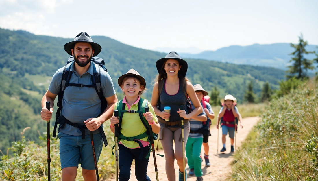 Famille souriante en randonnée avec des équipements de randonnée familles sur un sentier en montagne
