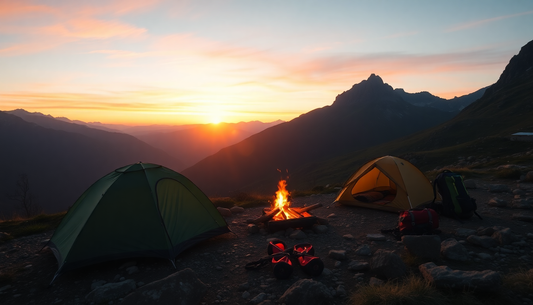 Bivouac avec tentes au coucher de soleil, offrant des conseils bivouac debutants pour une expérience réussie