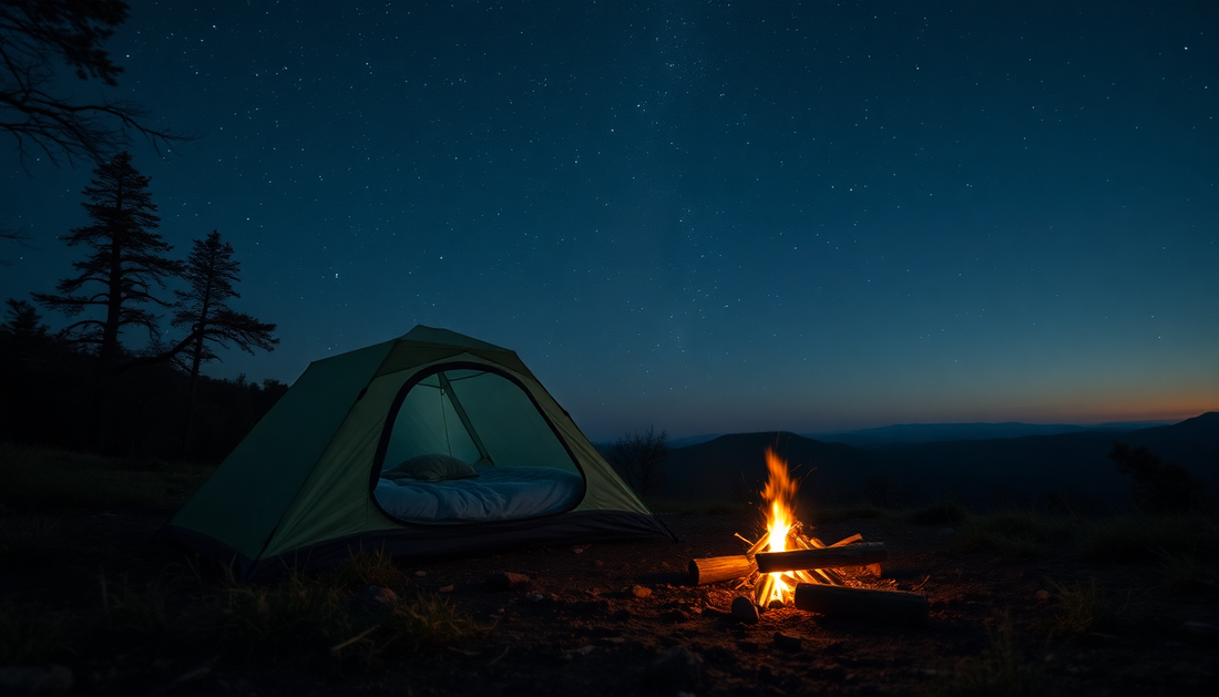 Camping en bivouac sous un ciel étoilé, avec une tente verte et un feu de camp chaleureux what is bivouac camping