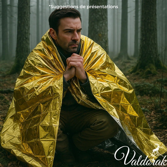 Homme en forêt emmitouflé dans une couverture thermique dorée pour protection contre le froid