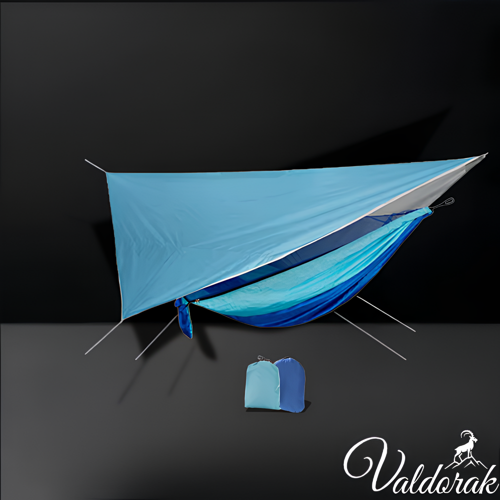 Hamac de survie avec moustiquaire Valdorak bleu avec tarp et sac de rangement compact