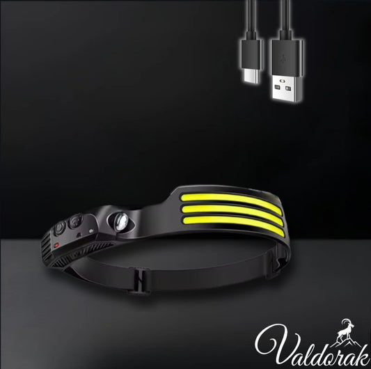 Lampe frontale LED randonnée Valdorak avec recharge USB et réglage de la luminosité
