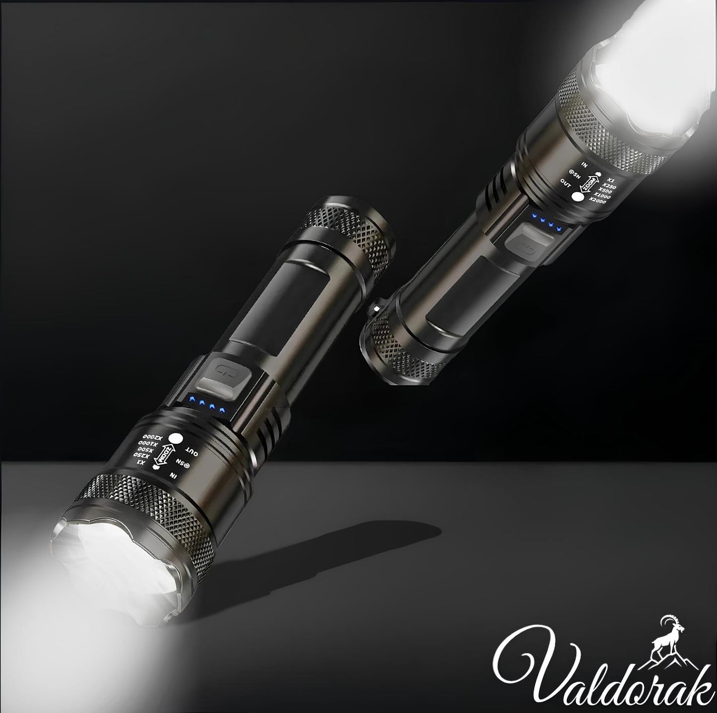 Lampe torche LED étanche Valdorak en métal avec éclairage puissant et indicateur de batterie