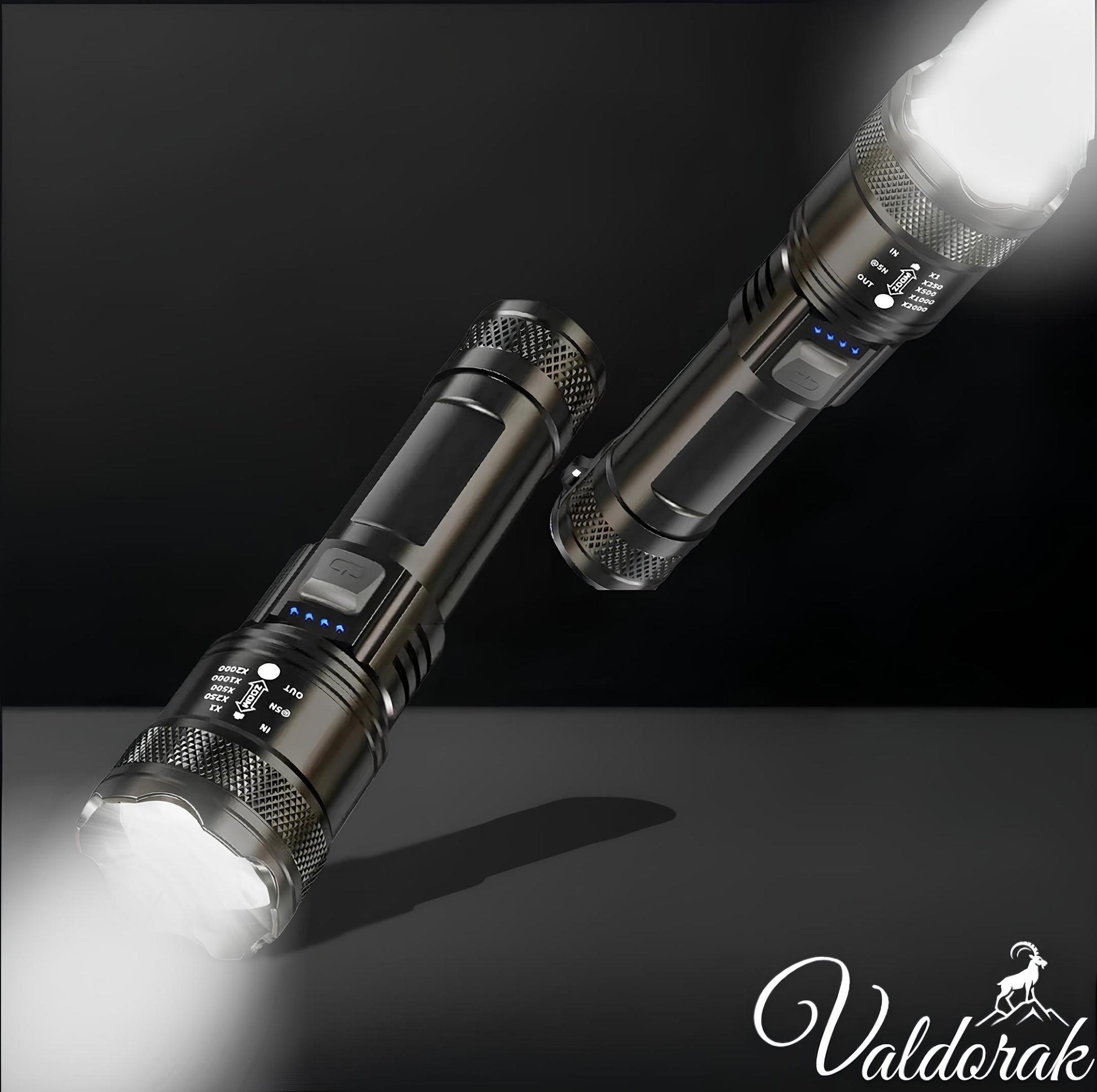 Lampe torche LED étanche Valdorak en métal avec éclairage puissant et indicateur de batterie