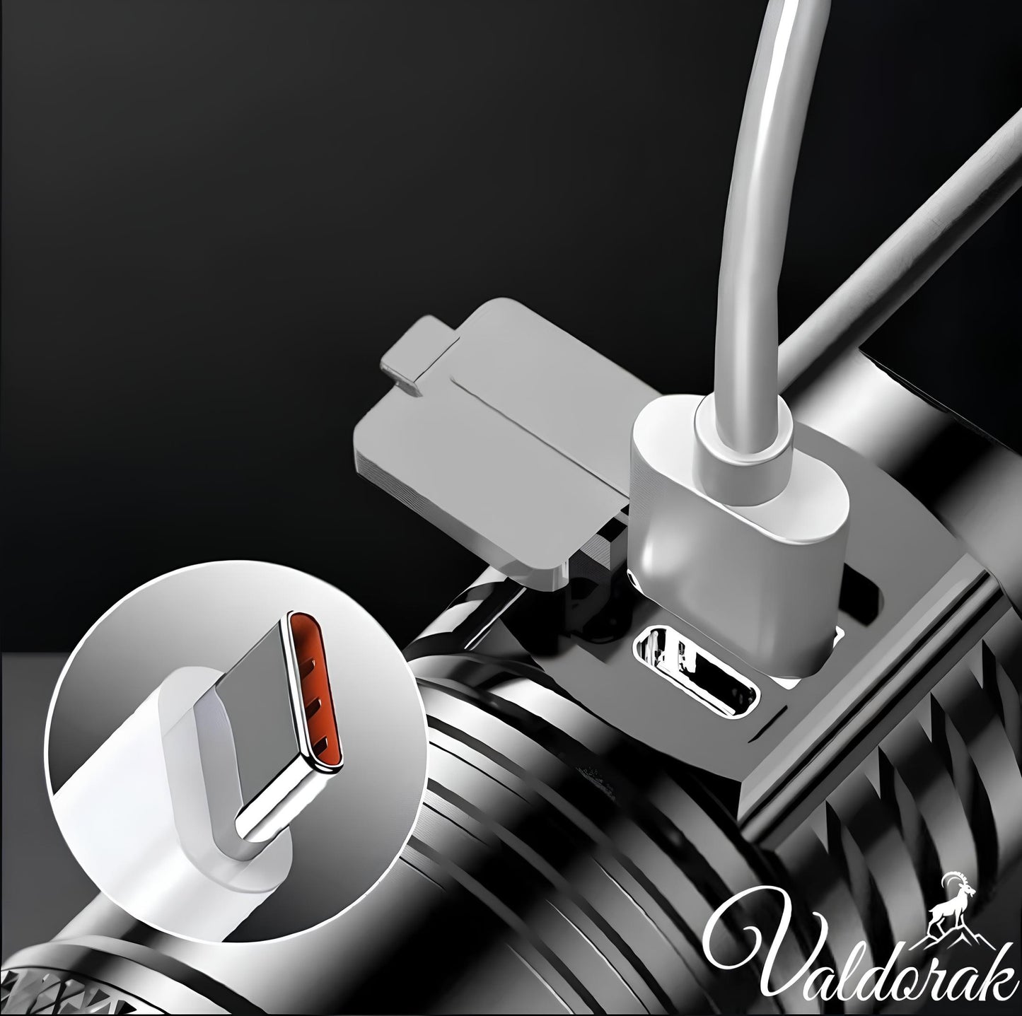 Lampe torche LED étanche Valdorak avec port de charge USB Type-C et câble de recharge
