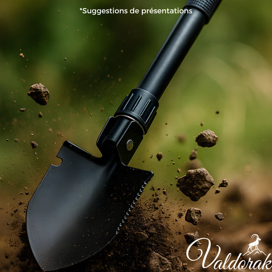 Pelle pioche peche et camping Valdorak en métal noir avec manche démontable en usage extérieur