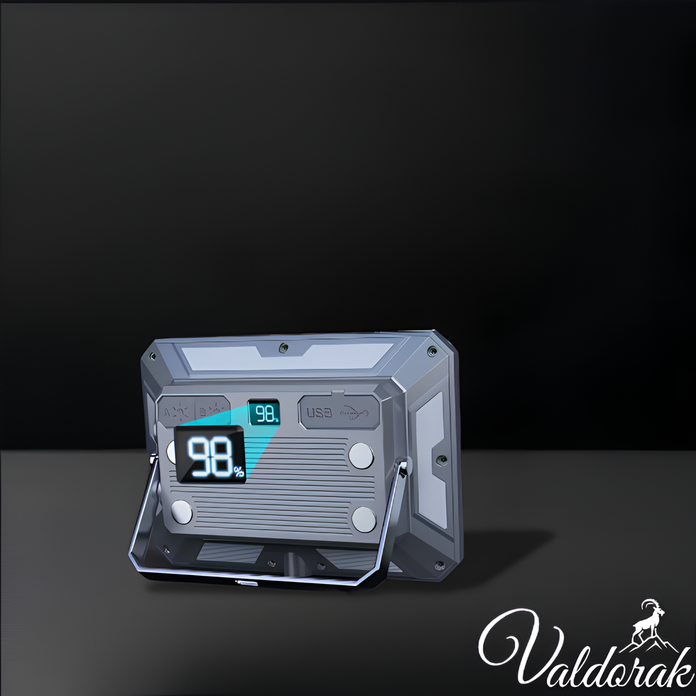 Projecteur LED camping Valdorak avec affichage numérique et design robuste pour une utilisation extérieure