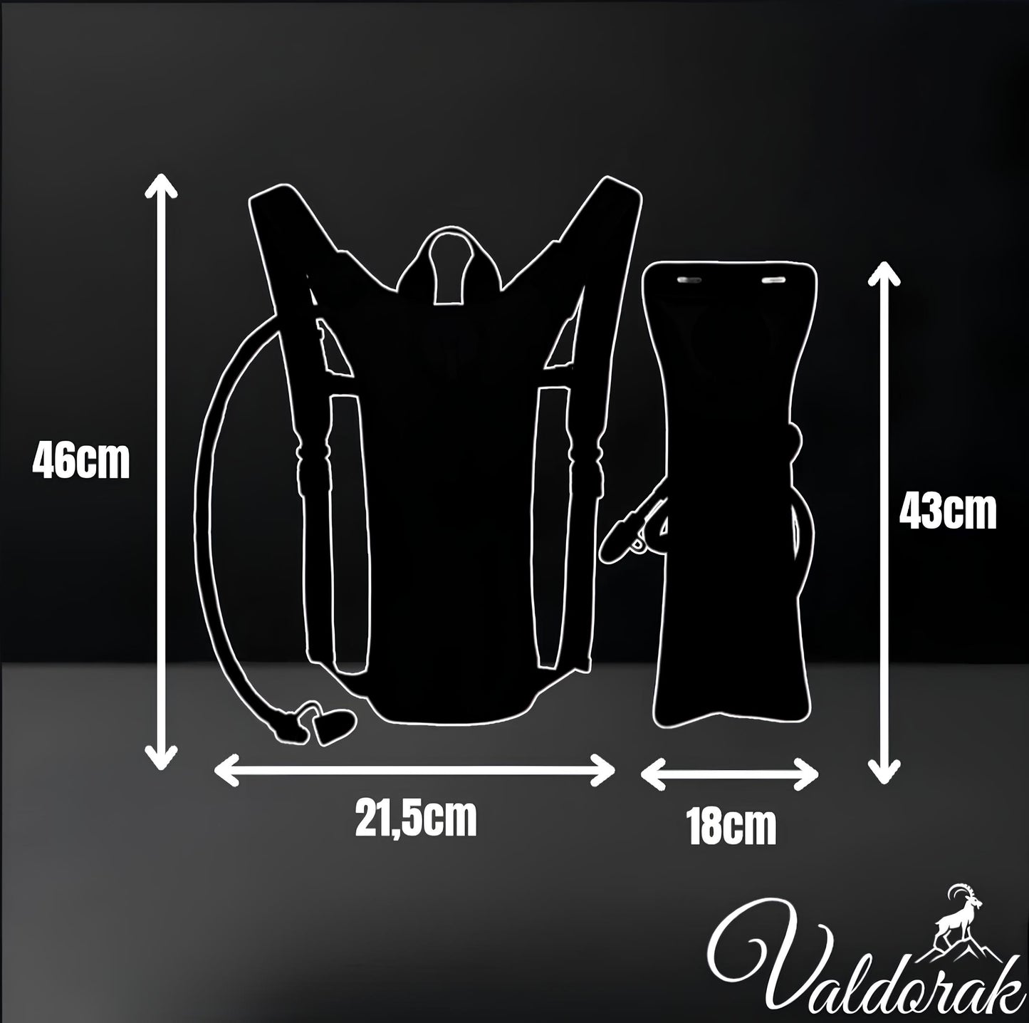 Sac d'hydratation 3L Valdorak avec dimensions de 46cm x 21,5cm x 18cm pour les activités en plein air