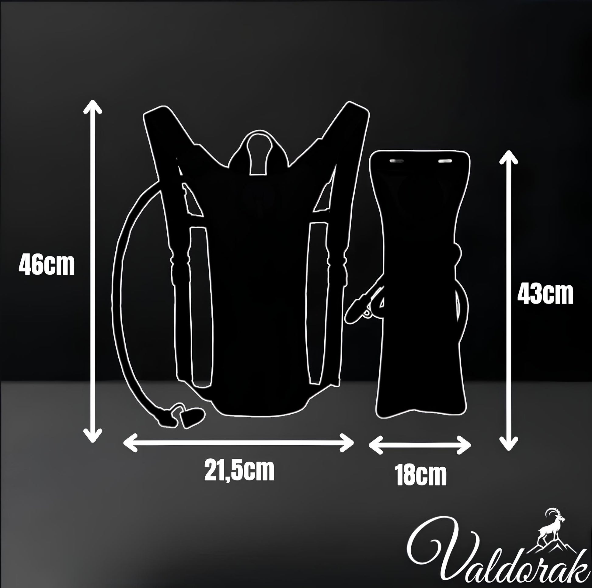 Sac d'hydratation 3L Valdorak avec dimensions de 46cm x 21,5cm x 18cm pour les activités en plein air