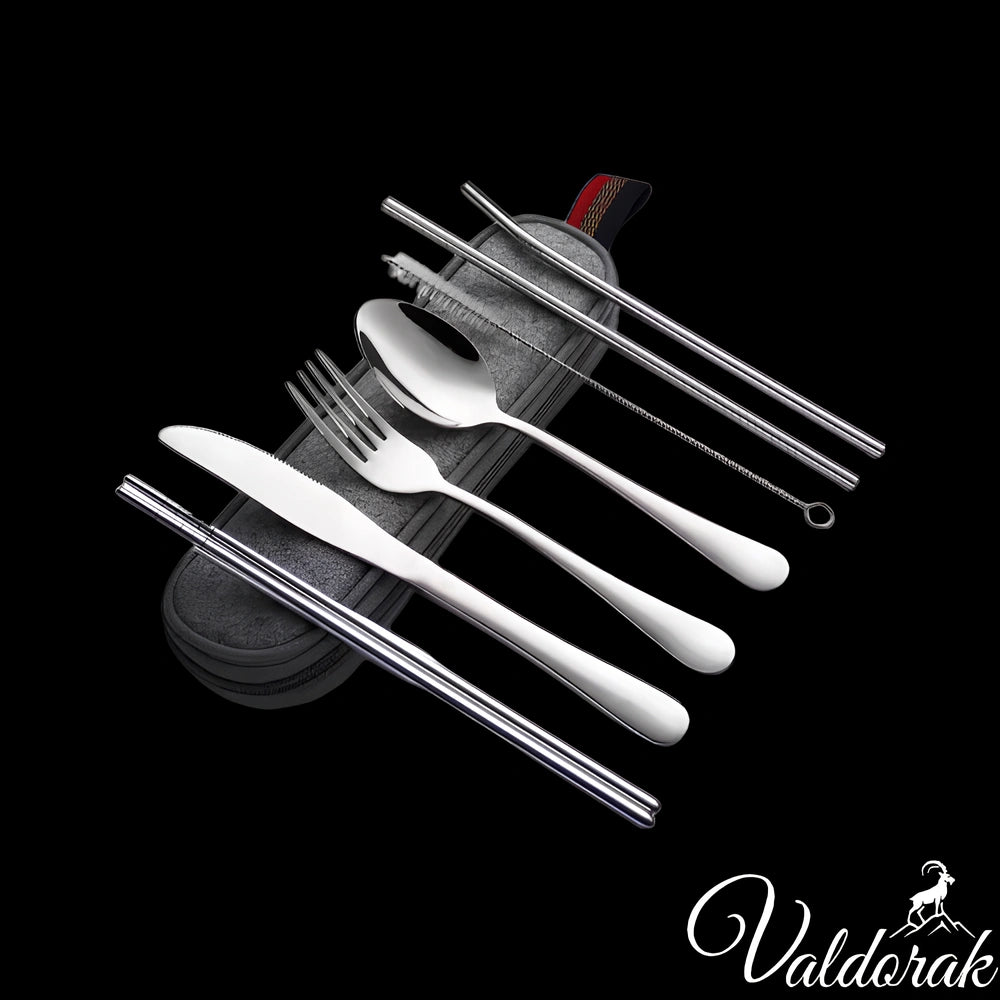 Set de couverts en acier inoxydable Valdorak avec couteau, fourchette, cuillère, baguettes et étui de transport