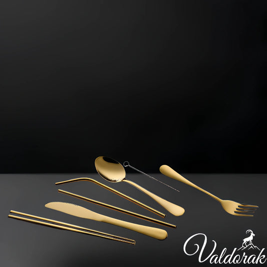 Set de couverts en acier inoxydable doré Valdorak avec cuillère, fourchette, couteau, pailles et brosse de nettoyage