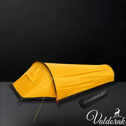 Tente bivouac individuelle Valdorak jaune compacte avec housse de transport noire